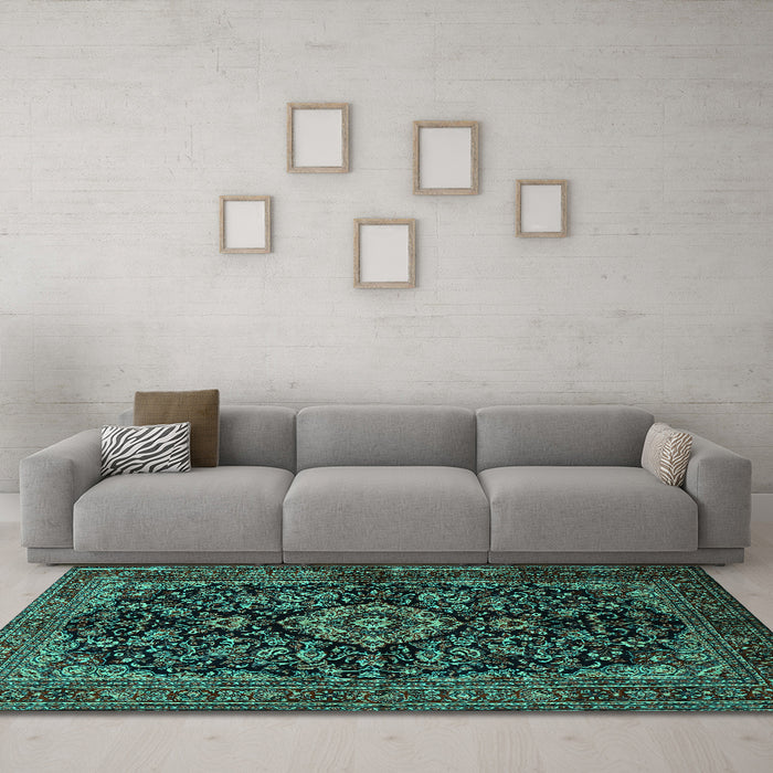 Machine Washable Medallion Turquoise Traditional Area Rugs in a Living Room,, wshtr1828turq