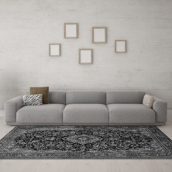 Machine Washable Medallion Gray Traditional Rug in a Living Room,, wshtr1828gry