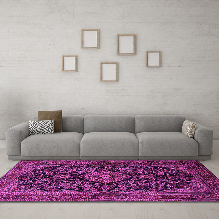 Machine Washable Medallion Pink Traditional Rug in a Living Room, wshtr1828pnk