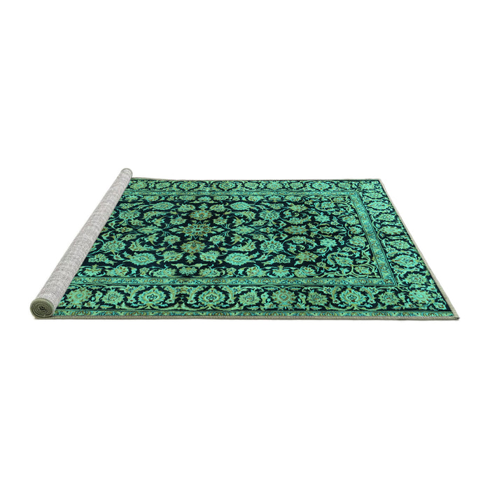 Sideview of Machine Washable Persian Turquoise Traditional Area Rugs, wshtr1829turq