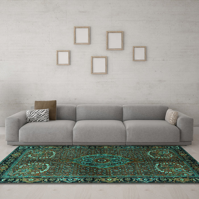 Machine Washable Persian Turquoise Traditional Area Rugs in a Living Room,, wshtr1830turq