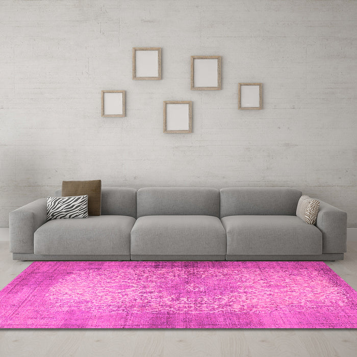 Machine Washable Medallion Pink Traditional Rug in a Living Room, wshtr1834pnk