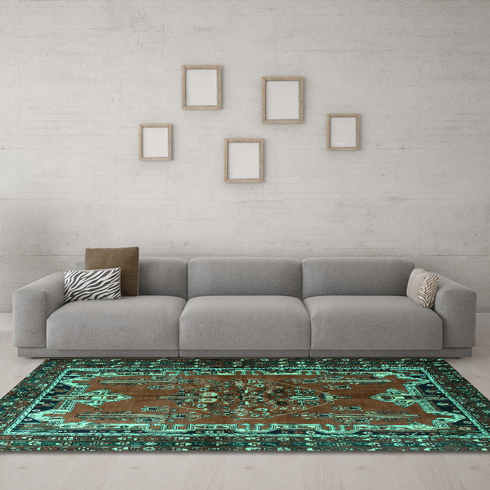 Machine Washable Persian Turquoise Traditional Area Rugs in a Living Room,, wshtr1836turq
