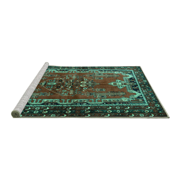 Sideview of Machine Washable Persian Turquoise Traditional Area Rugs, wshtr1836turq