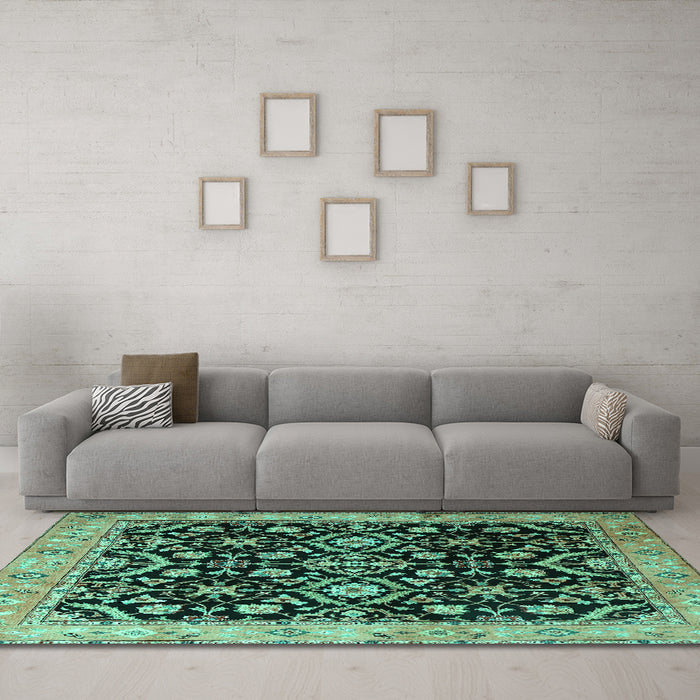 Machine Washable Persian Turquoise Traditional Area Rugs in a Living Room,, wshtr1837turq