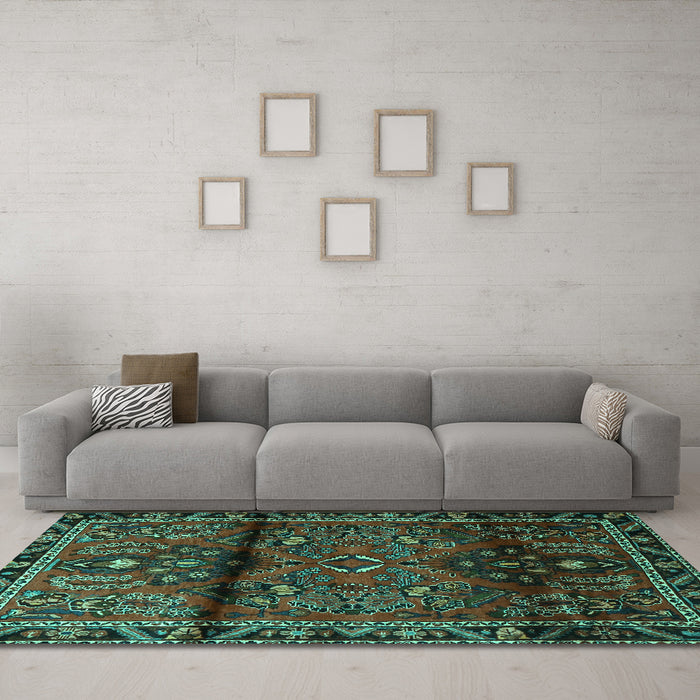 Machine Washable Persian Turquoise Traditional Area Rugs in a Living Room,, wshtr1839turq