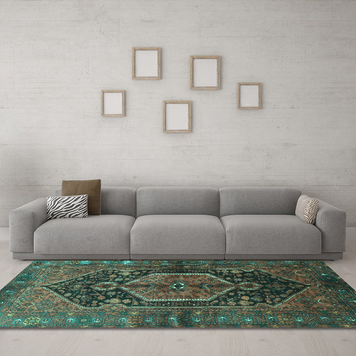 Machine Washable Persian Turquoise Traditional Area Rugs in a Living Room,, wshtr183turq