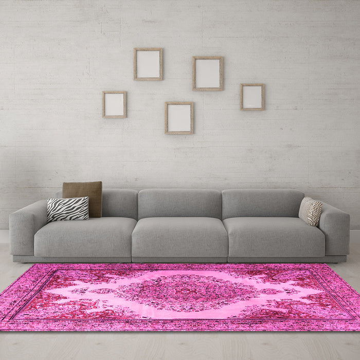 Machine Washable Persian Pink Traditional Rug in a Living Room, wshtr1842pnk