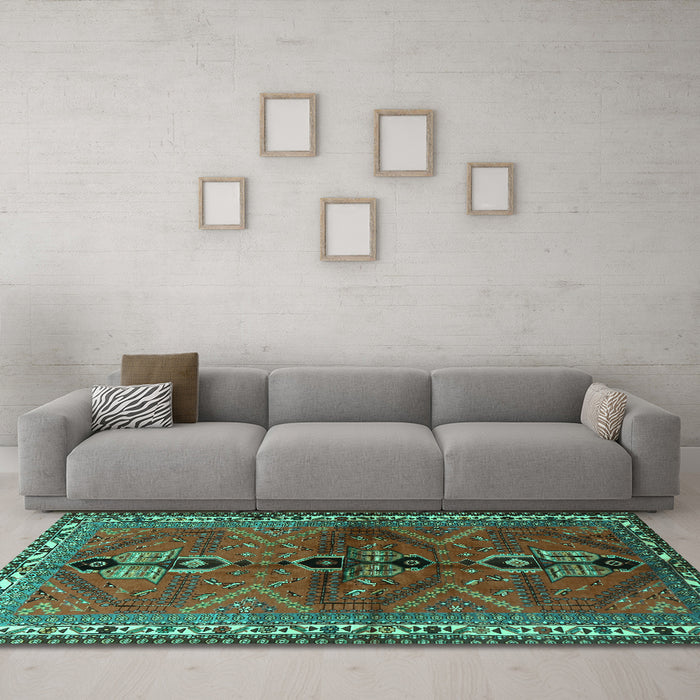 Machine Washable Persian Turquoise Traditional Area Rugs in a Living Room,, wshtr1843turq