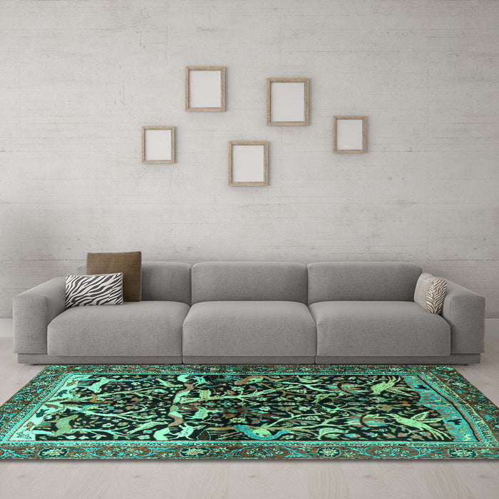 Machine Washable Persian Turquoise Traditional Area Rugs in a Living Room,, wshtr1844turq