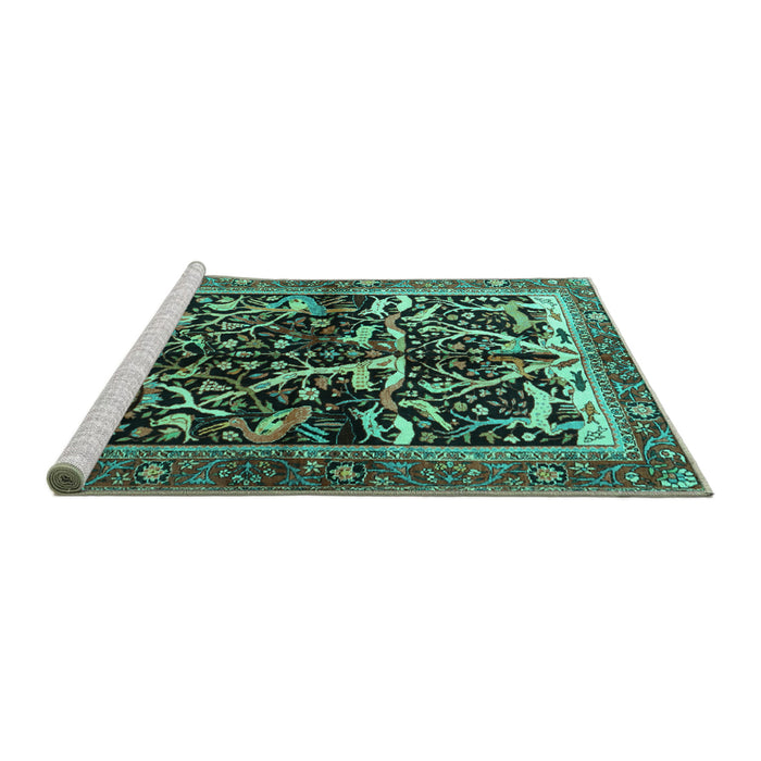 Sideview of Machine Washable Persian Turquoise Traditional Area Rugs, wshtr1844turq
