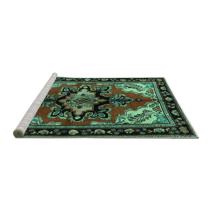 Sideview of Machine Washable Persian Turquoise Traditional Area Rugs, wshtr1845turq
