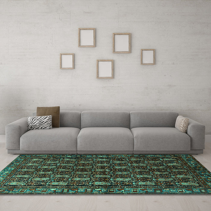 Machine Washable Persian Turquoise Traditional Area Rugs in a Living Room,, wshtr1846turq