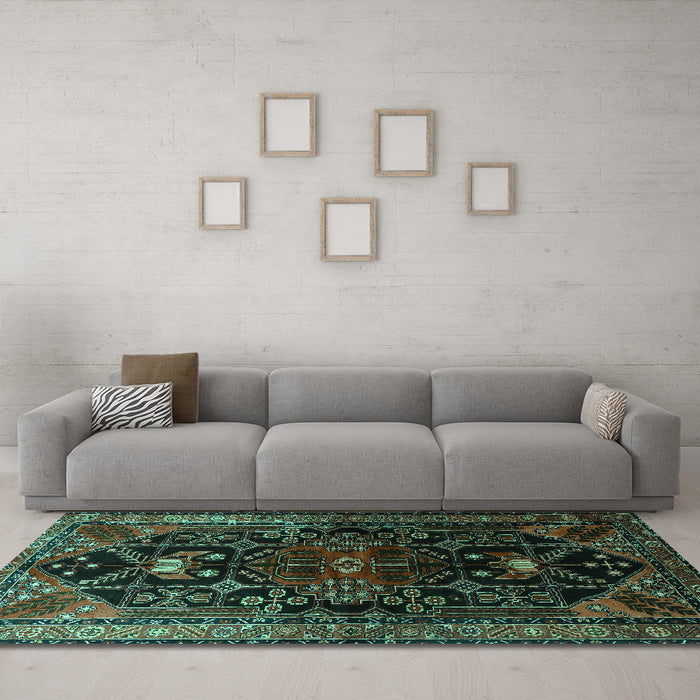 Machine Washable Persian Turquoise Traditional Area Rugs in a Living Room,, wshtr1847turq
