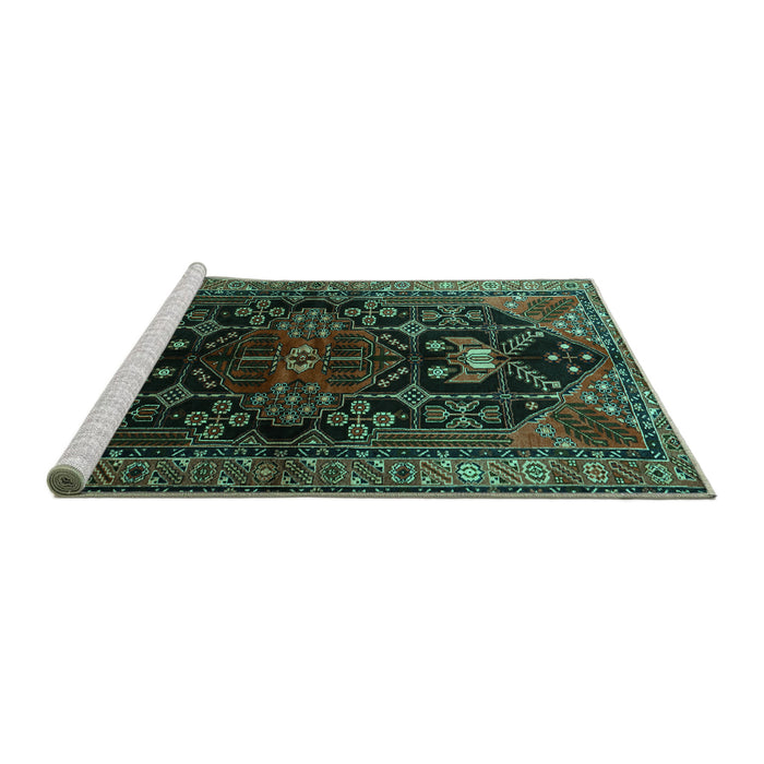 Sideview of Machine Washable Persian Turquoise Traditional Area Rugs, wshtr1847turq