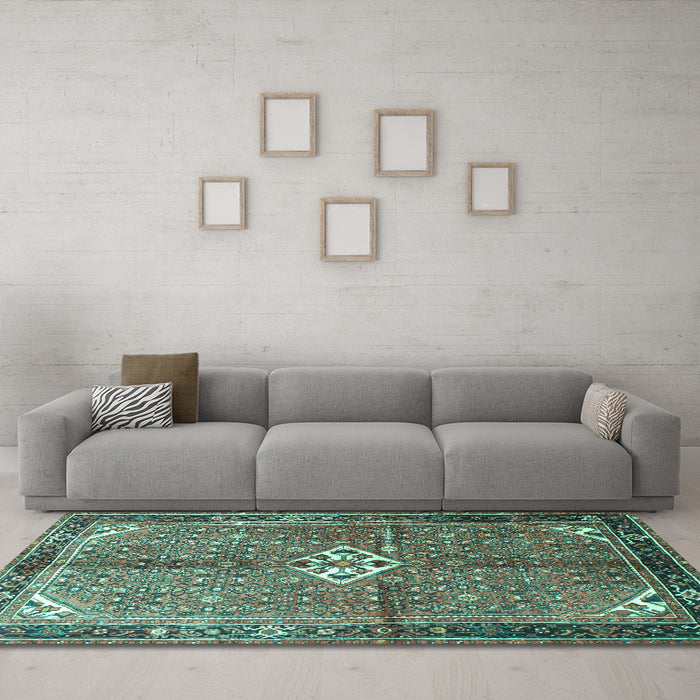 Machine Washable Persian Turquoise Traditional Area Rugs in a Living Room,, wshtr184turq