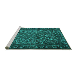 Sideview of Machine Washable Persian Turquoise Traditional Area Rugs, wshtr1852turq