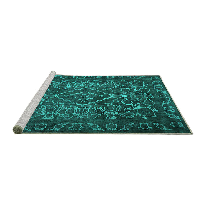 Sideview of Machine Washable Persian Turquoise Traditional Area Rugs, wshtr1852turq
