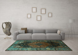 Machine Washable Persian Turquoise Traditional Area Rugs in a Living Room,, wshtr1859turq