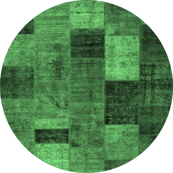 Round Machine Washable Patchwork Emerald Green Transitional Area Rugs, wshtr1862emgrn