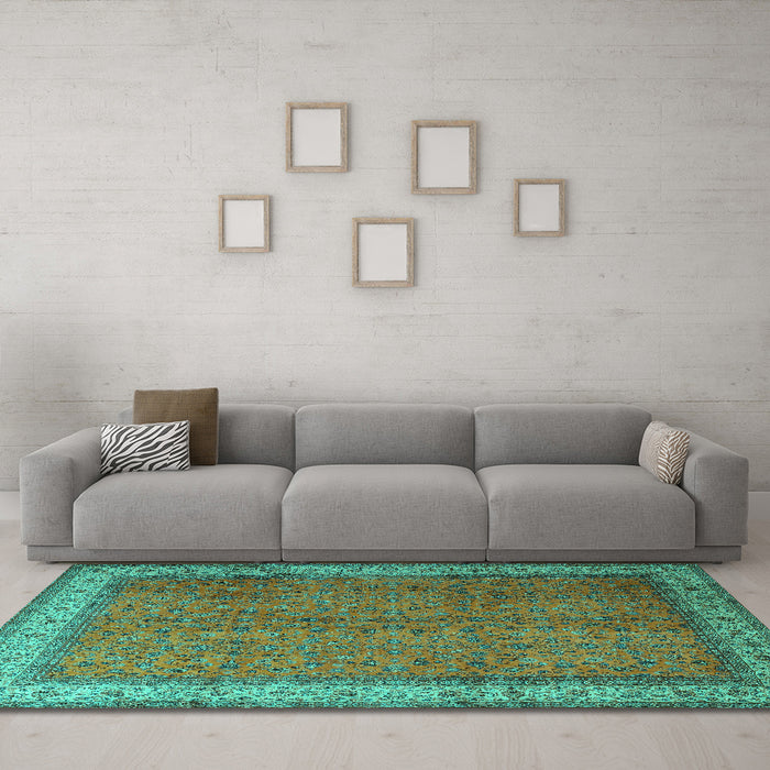 Machine Washable Persian Turquoise Traditional Area Rugs in a Living Room,, wshtr1864turq