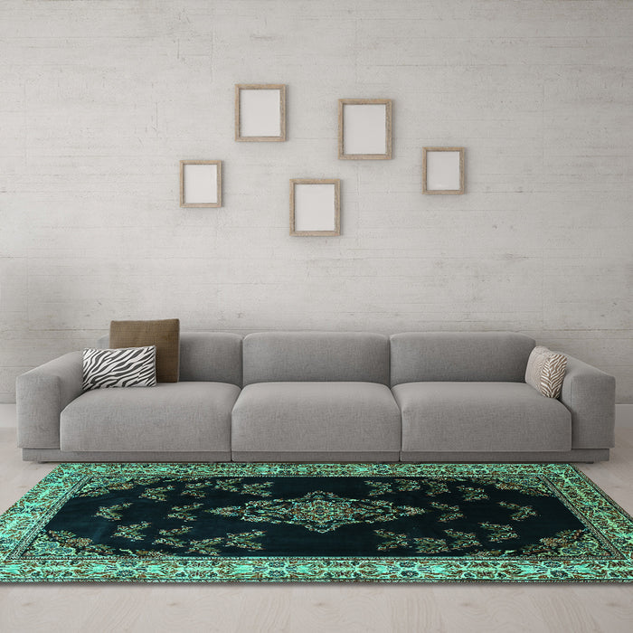 Machine Washable Medallion Turquoise Traditional Area Rugs in a Living Room,, wshtr1865turq