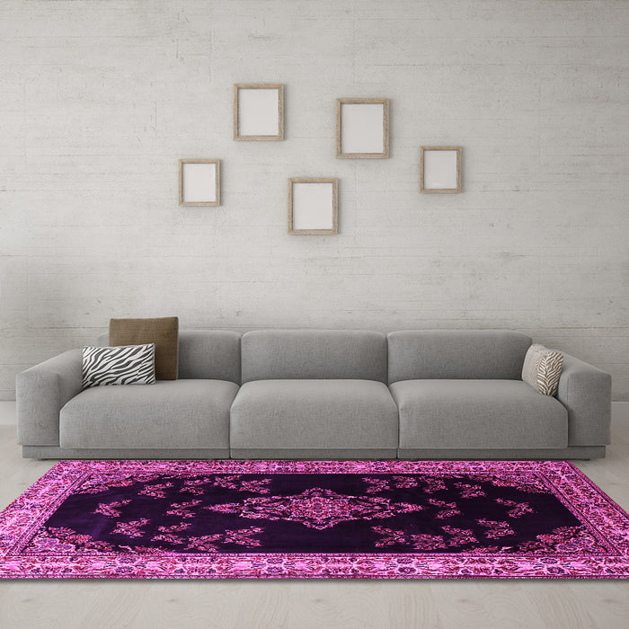 Machine Washable Medallion Pink Traditional Rug in a Living Room, wshtr1865pnk