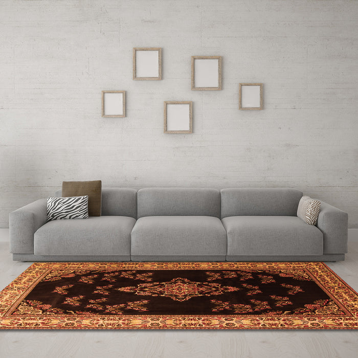 Machine Washable Medallion Orange Traditional Area Rugs in a Living Room, wshtr1865org