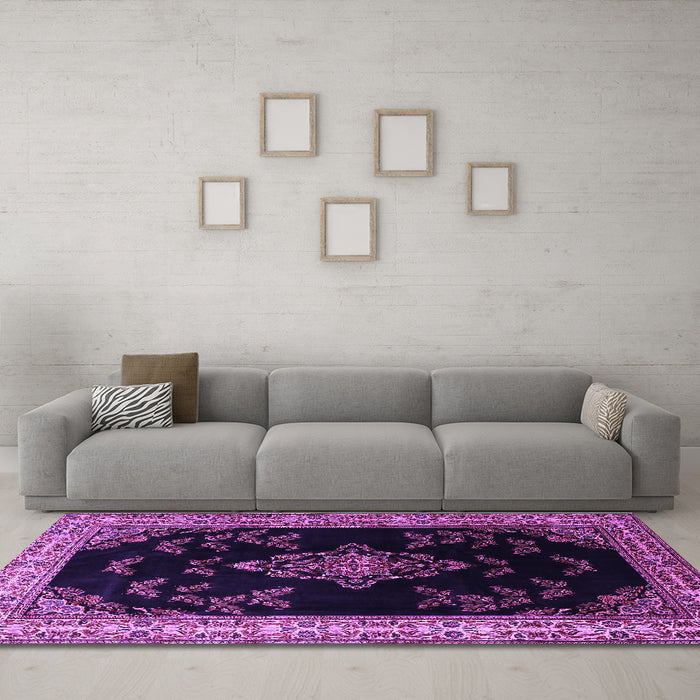 Machine Washable Medallion Purple Traditional Area Rugs in a Living Room, wshtr1865pur
