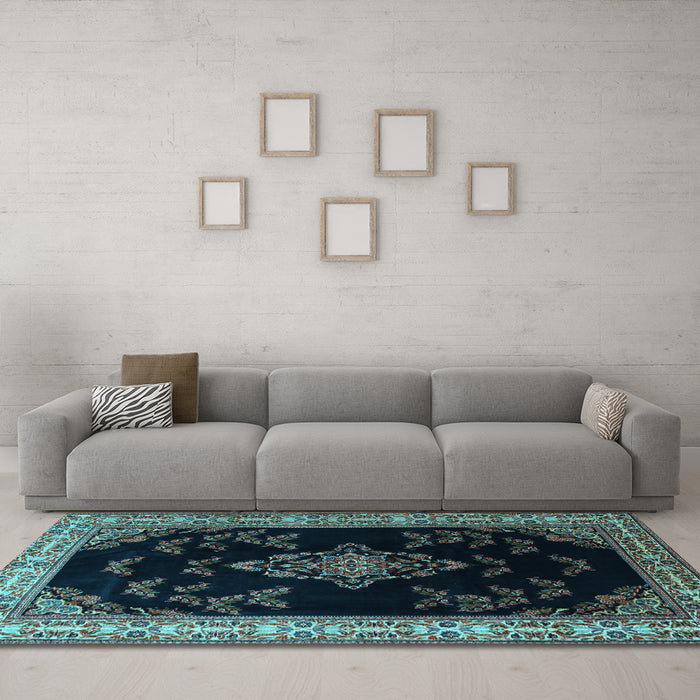 Machine Washable Medallion Light Blue Traditional Rug in a Living Room, wshtr1865lblu