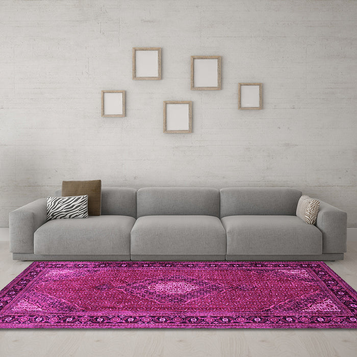 Machine Washable Medallion Pink Traditional Rug in a Living Room, wshtr1866pnk