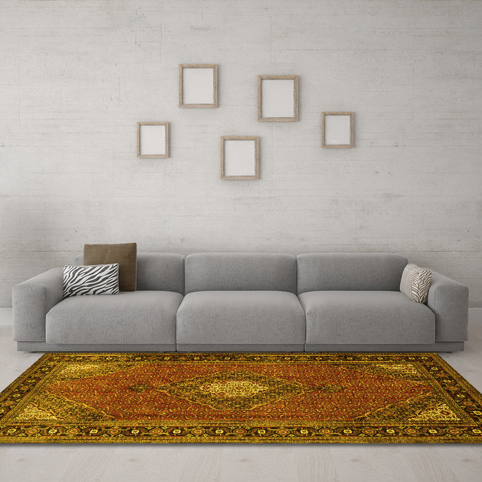 Machine Washable Medallion Yellow Traditional Rug in a Living Room, wshtr1866yw