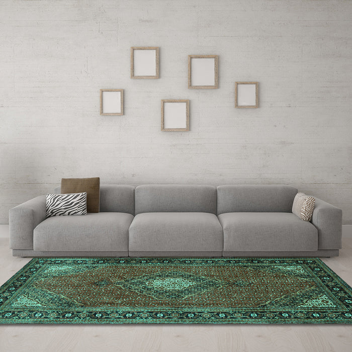 Machine Washable Medallion Turquoise Traditional Area Rugs in a Living Room,, wshtr1866turq