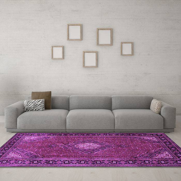 Machine Washable Medallion Purple Traditional Area Rugs in a Living Room, wshtr1866pur