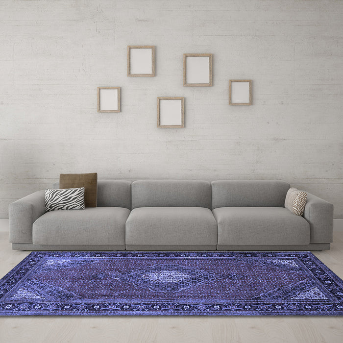 Machine Washable Medallion Blue Traditional Rug in a Living Room, wshtr1866blu