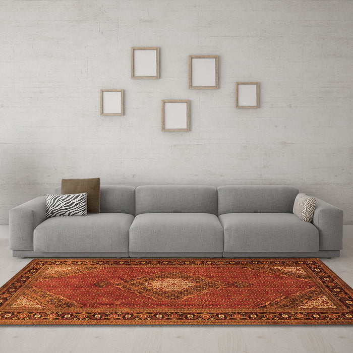 Machine Washable Medallion Orange Traditional Area Rugs in a Living Room, wshtr1866org