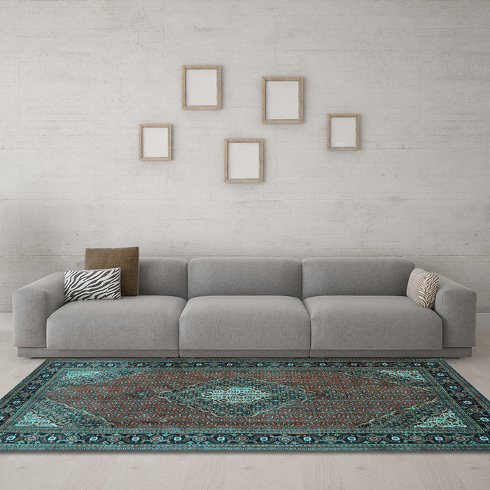 Machine Washable Medallion Light Blue Traditional Rug in a Living Room, wshtr1866lblu