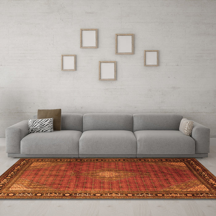Machine Washable Medallion Orange Traditional Area Rugs in a Living Room, wshtr1867org