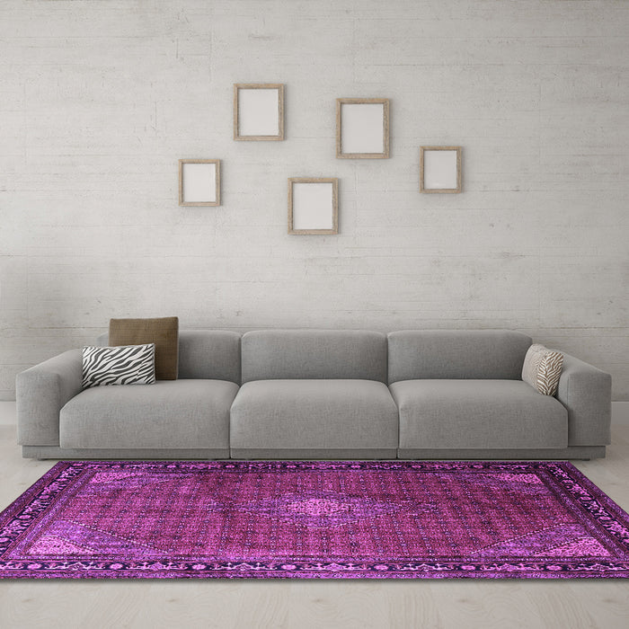 Machine Washable Medallion Purple Traditional Area Rugs in a Living Room, wshtr1867pur