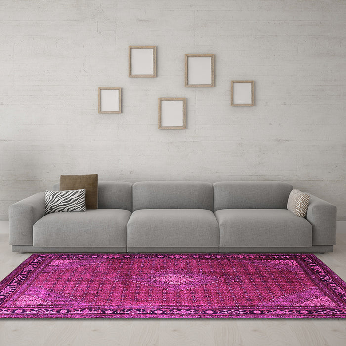 Machine Washable Medallion Pink Traditional Rug in a Living Room, wshtr1867pnk