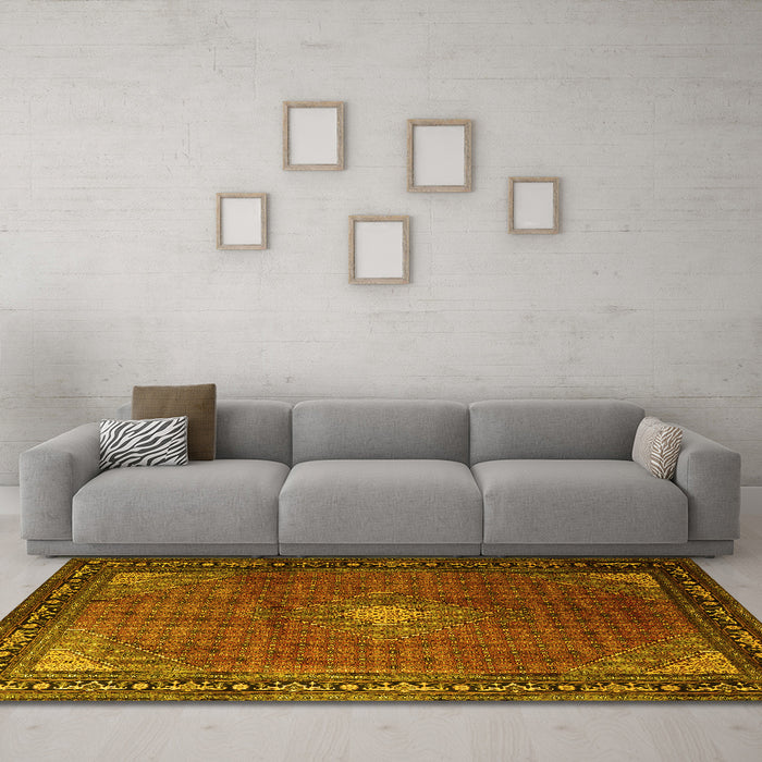 Machine Washable Medallion Yellow Traditional Rug in a Living Room, wshtr1867yw