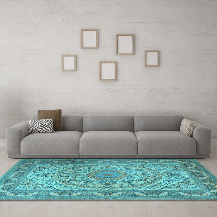 Machine Washable Medallion Light Blue Traditional Rug in a Living Room, wshtr1868lblu