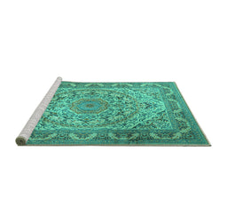 Sideview of Machine Washable Medallion Turquoise Traditional Area Rugs, wshtr1868turq