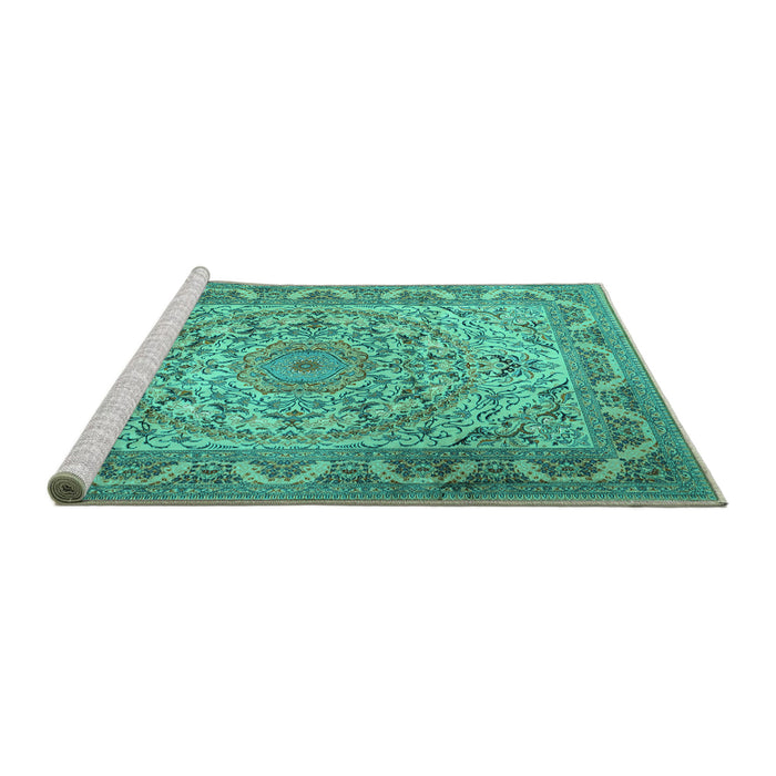 Sideview of Machine Washable Medallion Turquoise Traditional Area Rugs, wshtr1868turq