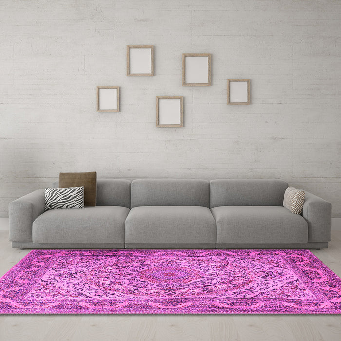 Machine Washable Medallion Pink Traditional Rug in a Living Room, wshtr1868pnk