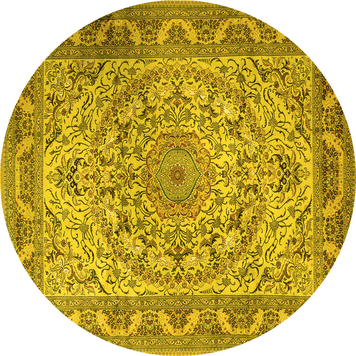 Round Machine Washable Medallion Yellow Traditional Rug, wshtr1868yw