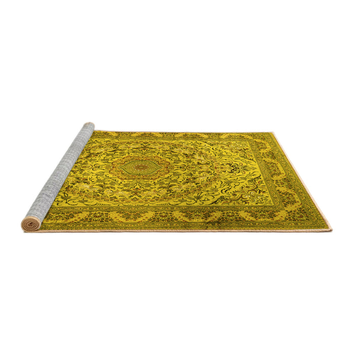 Sideview of Machine Washable Medallion Yellow Traditional Rug, wshtr1868yw