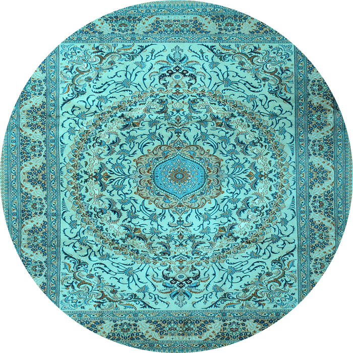 Round Machine Washable Medallion Light Blue Traditional Rug, wshtr1868lblu