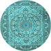 Round Machine Washable Medallion Light Blue Traditional Rug, wshtr1868lblu