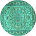 Round Machine Washable Medallion Turquoise Traditional Area Rugs, wshtr1868turq